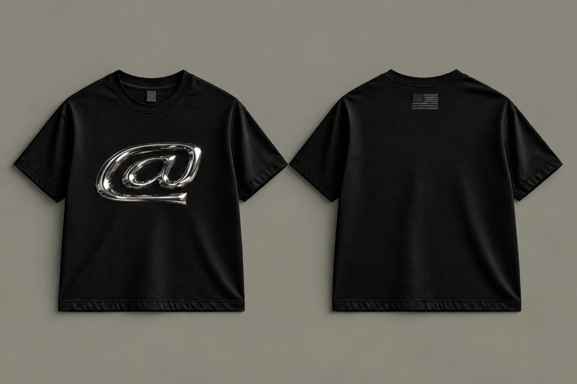 Front and back of the black CHROME CORE T-shirt, with a large silver chrome-effect chest logo and a small tonal American flag below the back neckline.