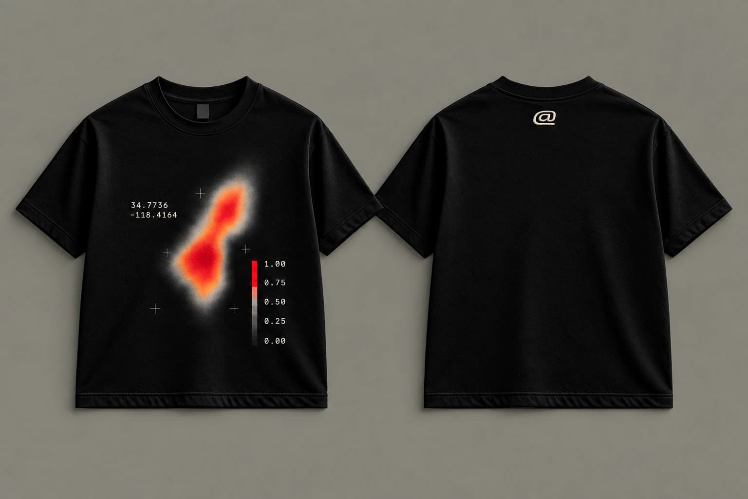 Black HEAT T-shirt shown front and back, with red-orange thermal artwork, coordinates and a color scale on the front, and a cream logo below the back collar.