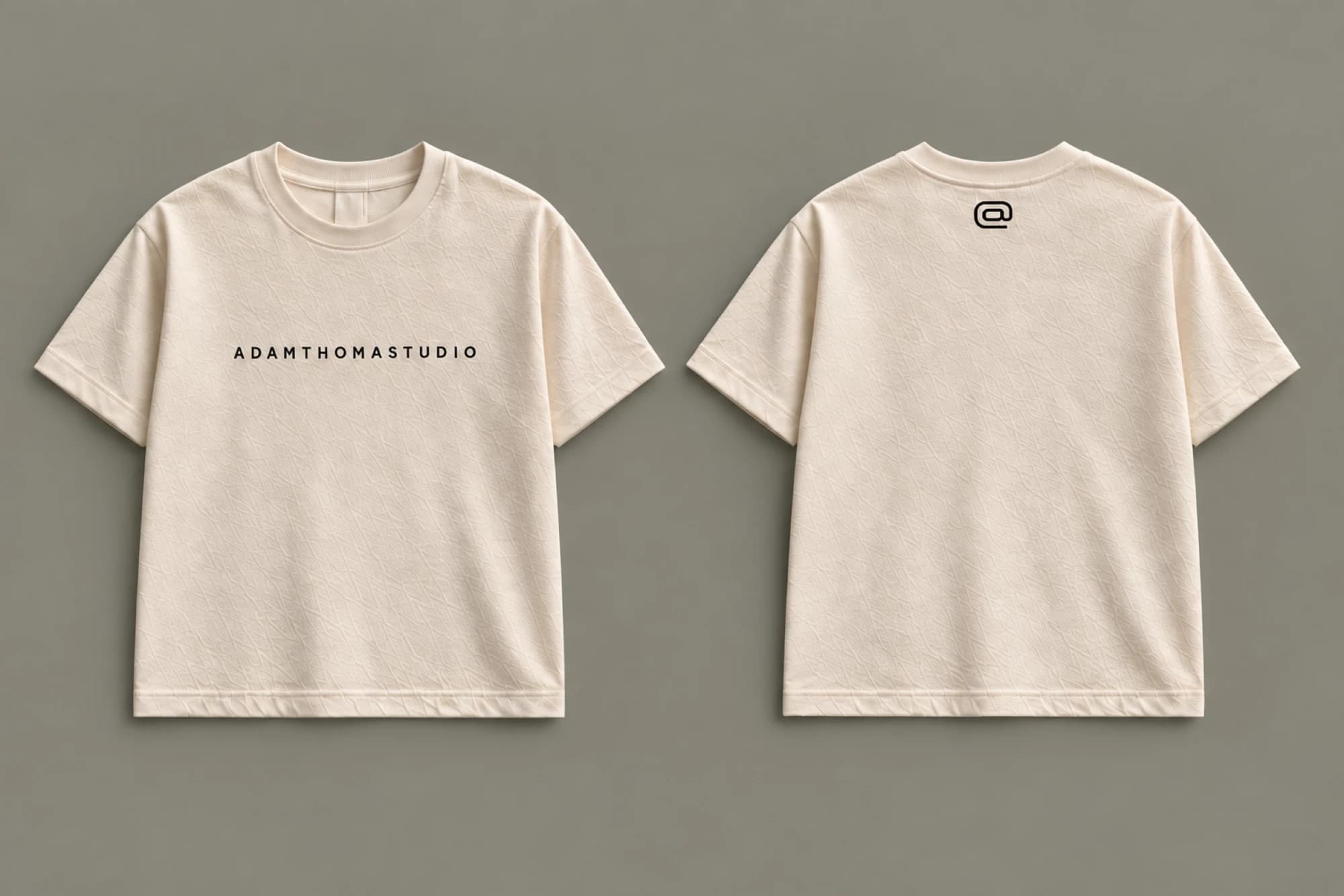 Front and back of the cream IDENTITY T-shirt with spaced black ADAMTHOMASTUDIO chest lettering and a small black back-neck logo.