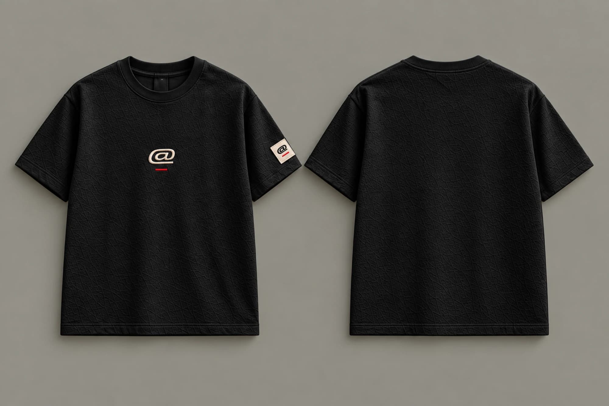 Front and back of the black SIGNAL T-shirt, with a cream chest logo, red underline, cream sleeve patch and blank back.