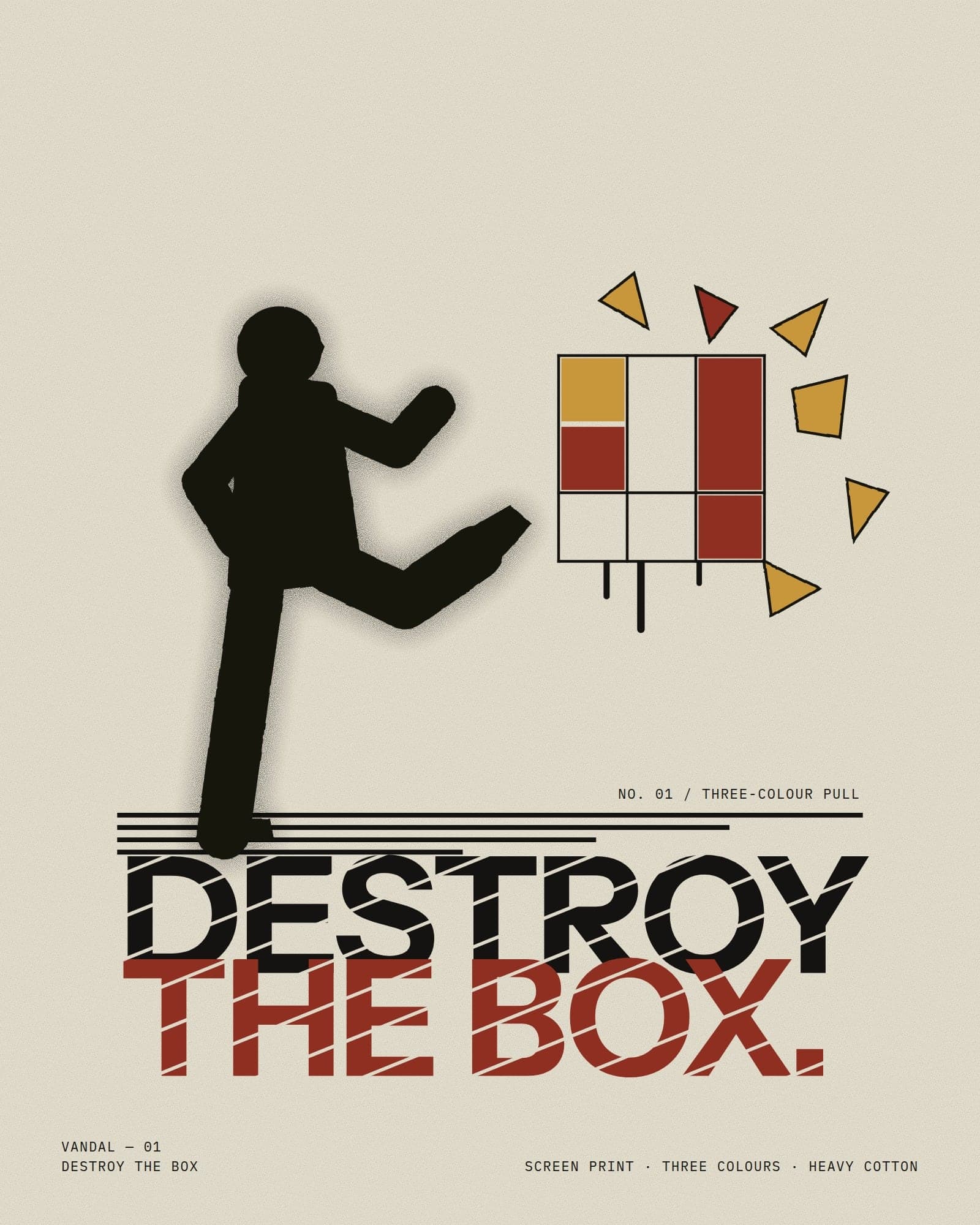 Destroy the Box: a stencil figure kicks an art-glass box apart, shards of ochre and red flying