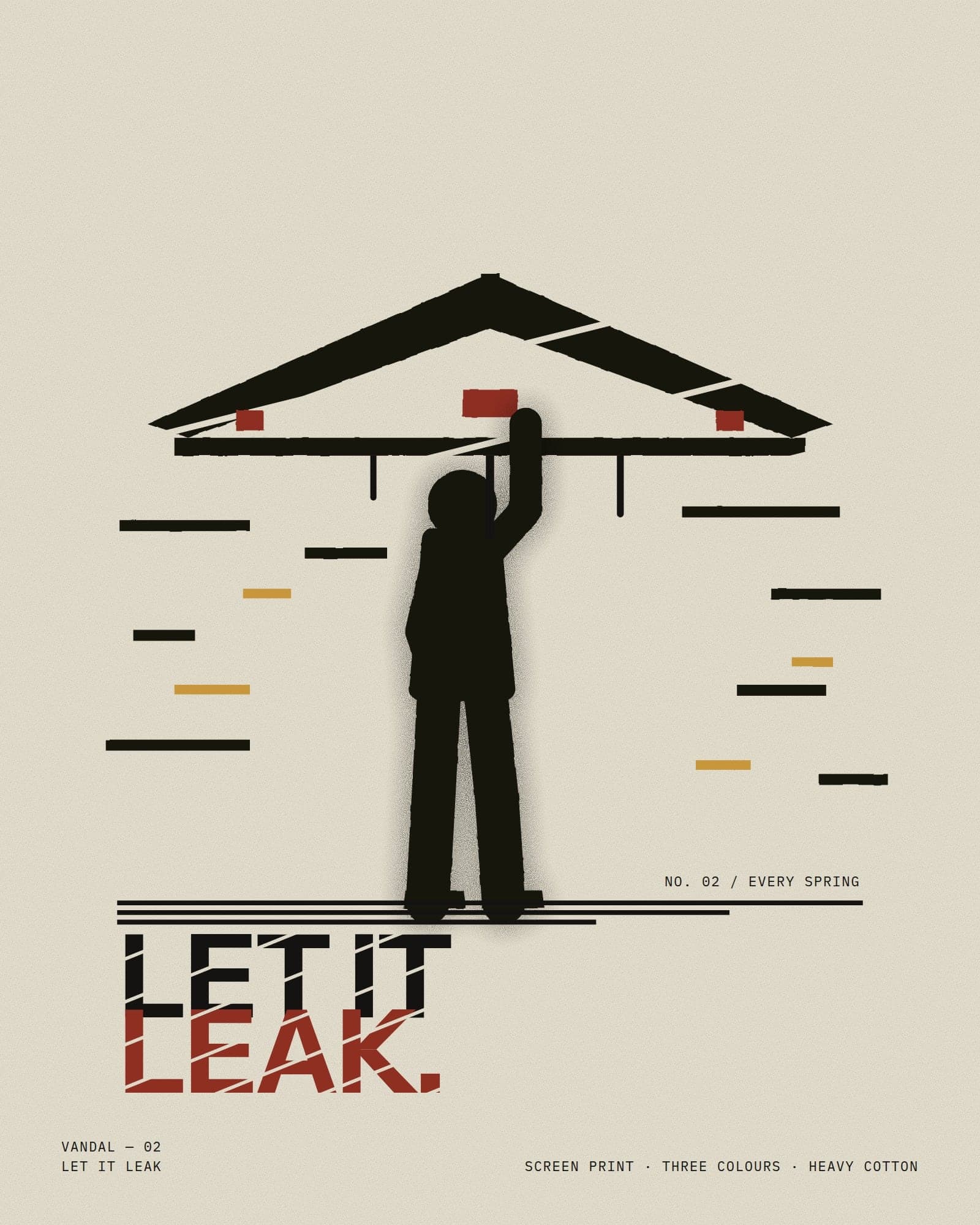 Let It Leak: a figure shelters under a Prairie roof while cantilevered slabs fall like rain