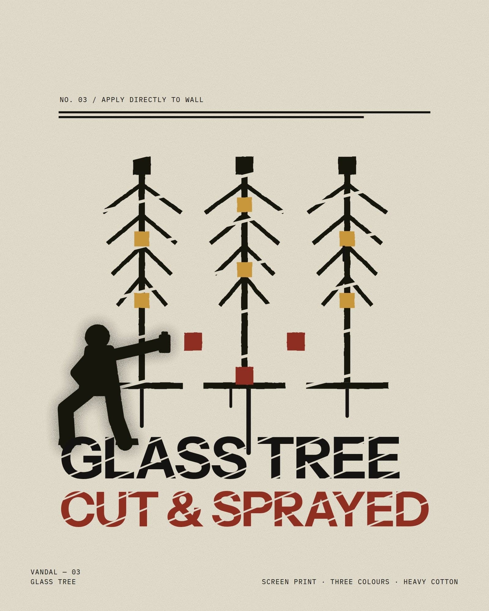 Glass Tree: three leaded-glass trees sprayed through a stencil, a crouching figure with a can