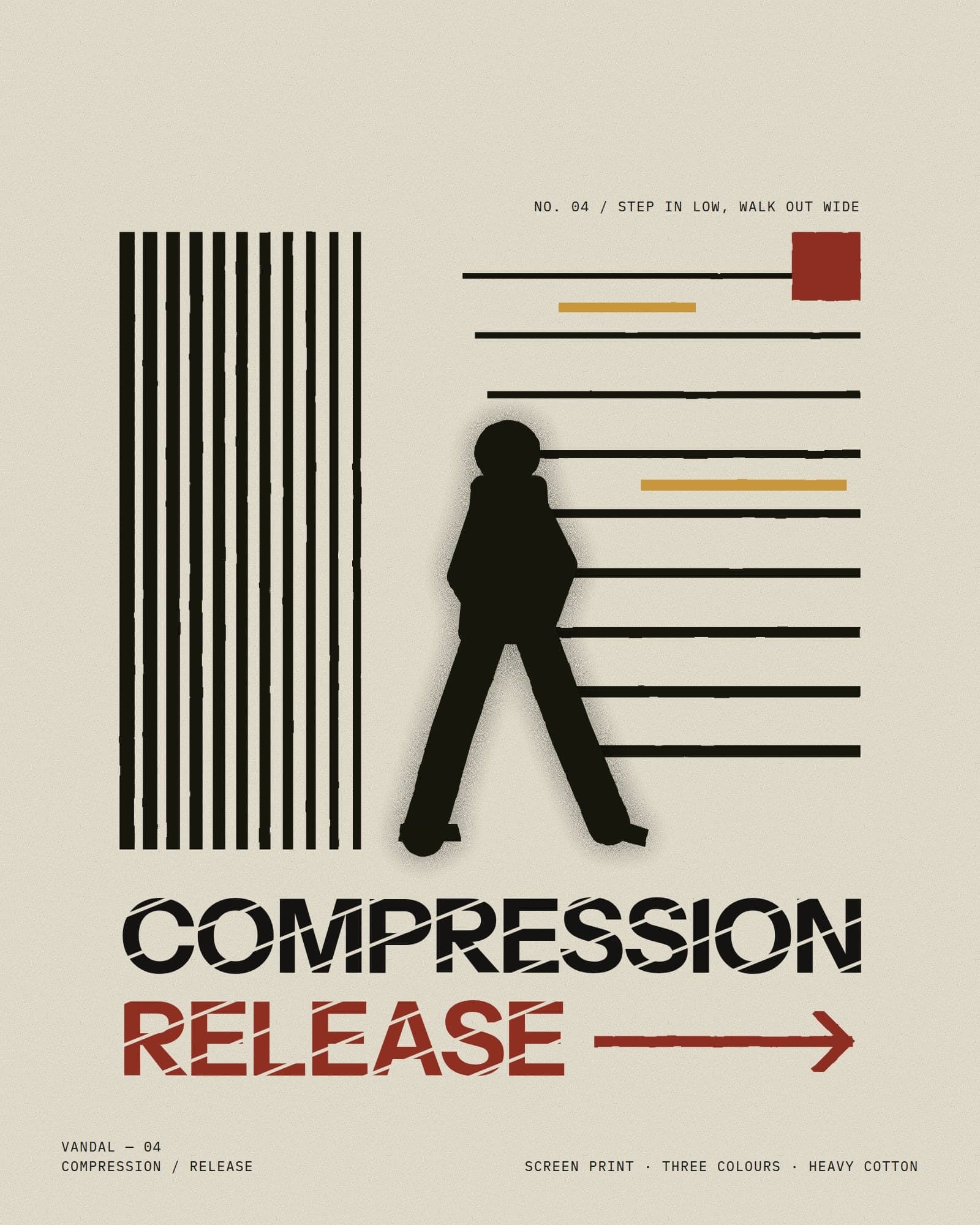 Compression / Release: a walking figure steps from dense vertical bars into wide horizontal lines