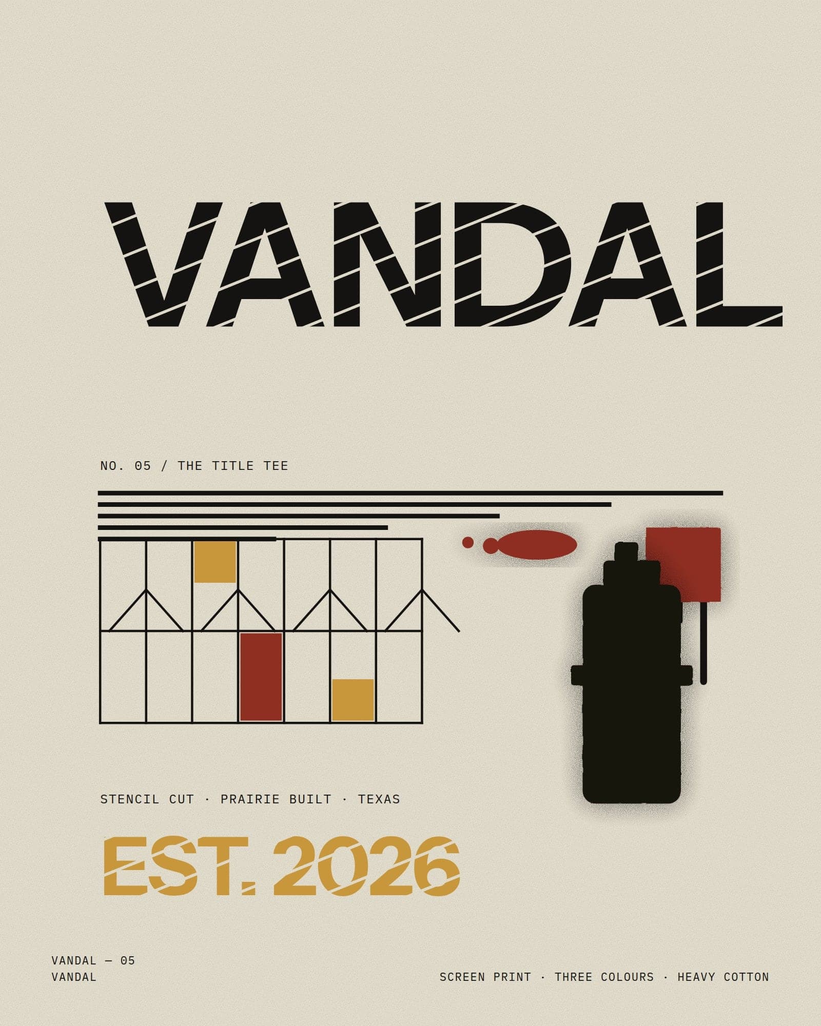 Vandal: the title tee, stencil wordmark over datum lines, an art-glass panel and a spray can