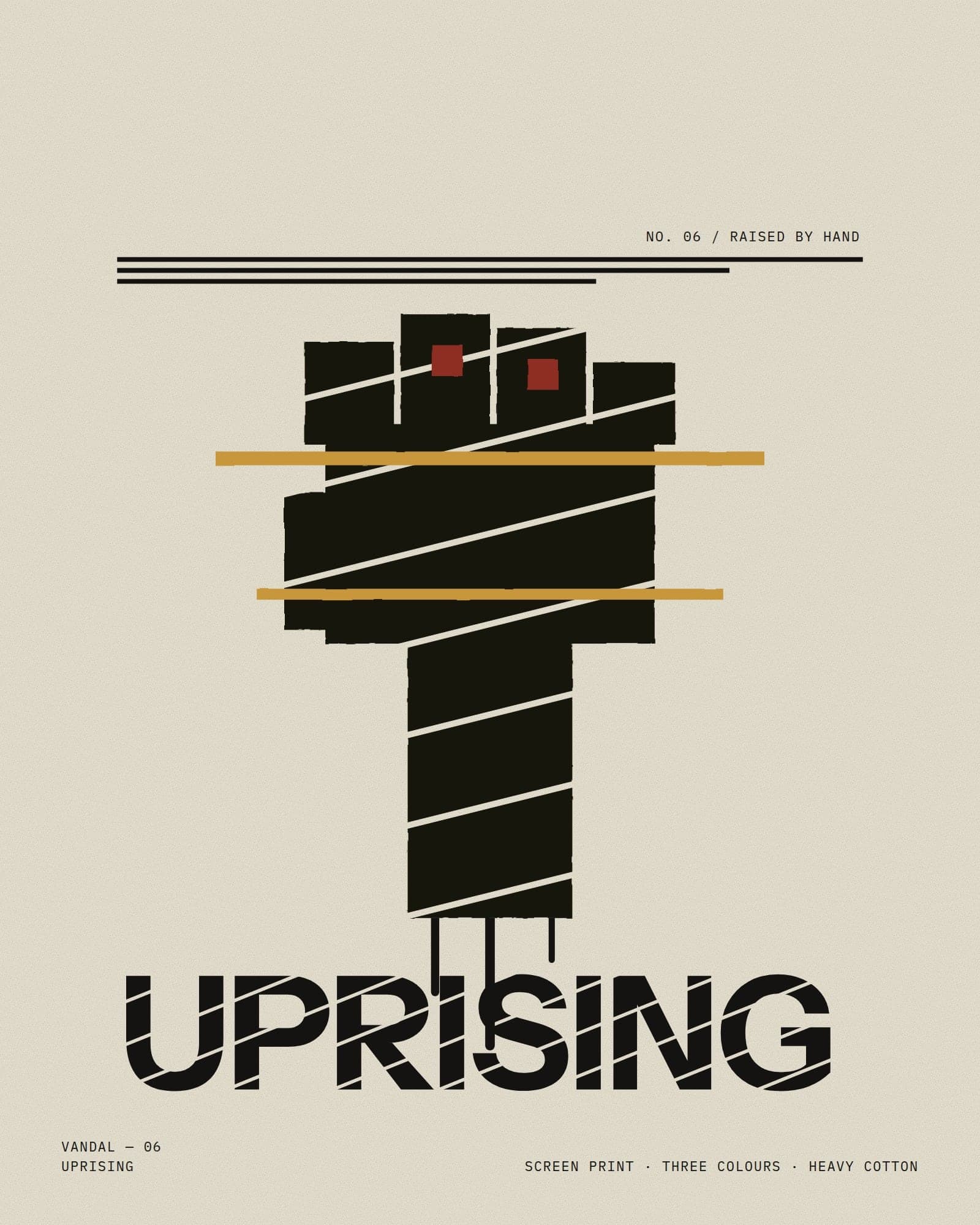 Uprising: a raised fist built from stacked blocks with long horizontal eaves