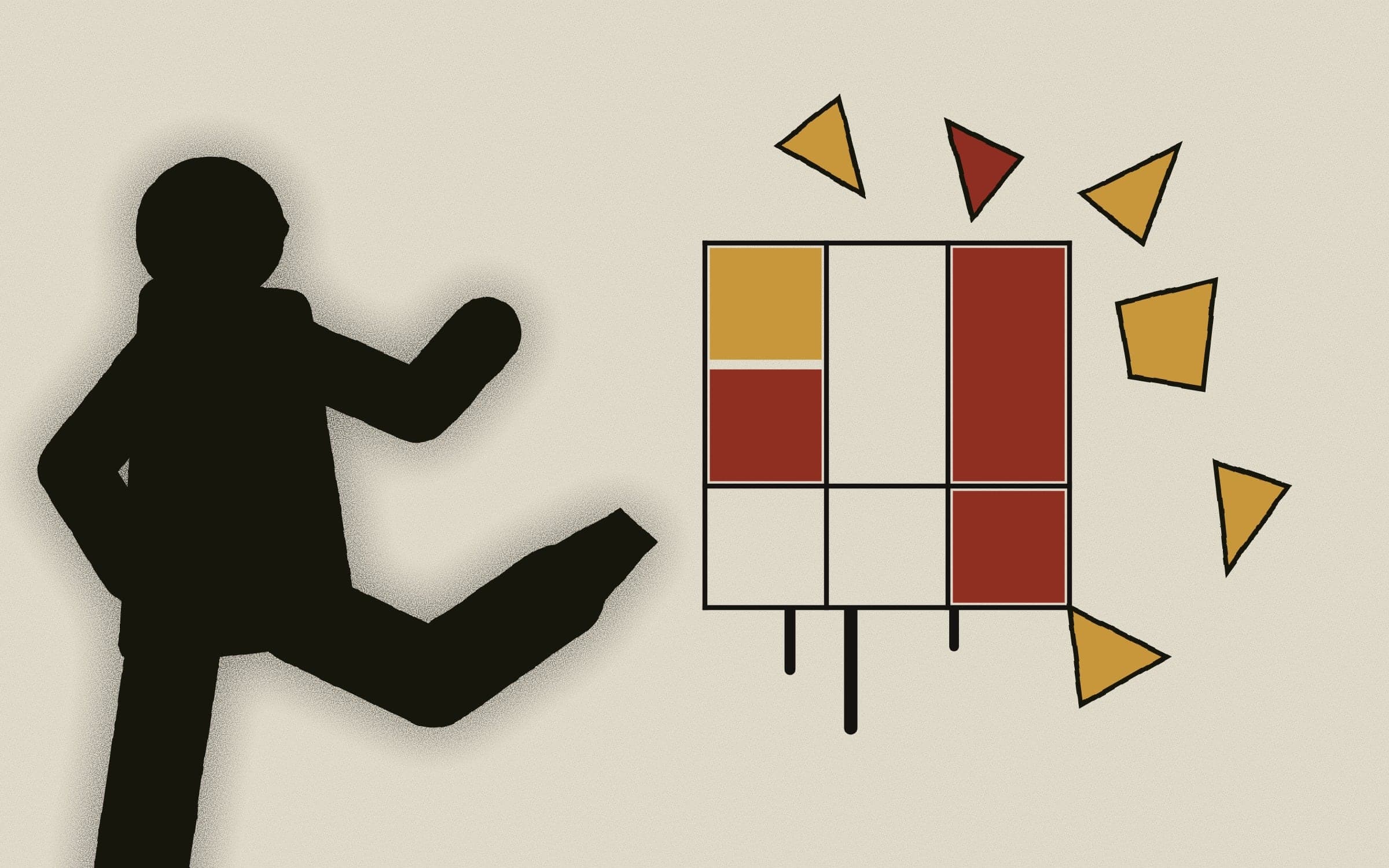 Close crop of Destroy the Box: the kicking figure and the shattering art-glass panel