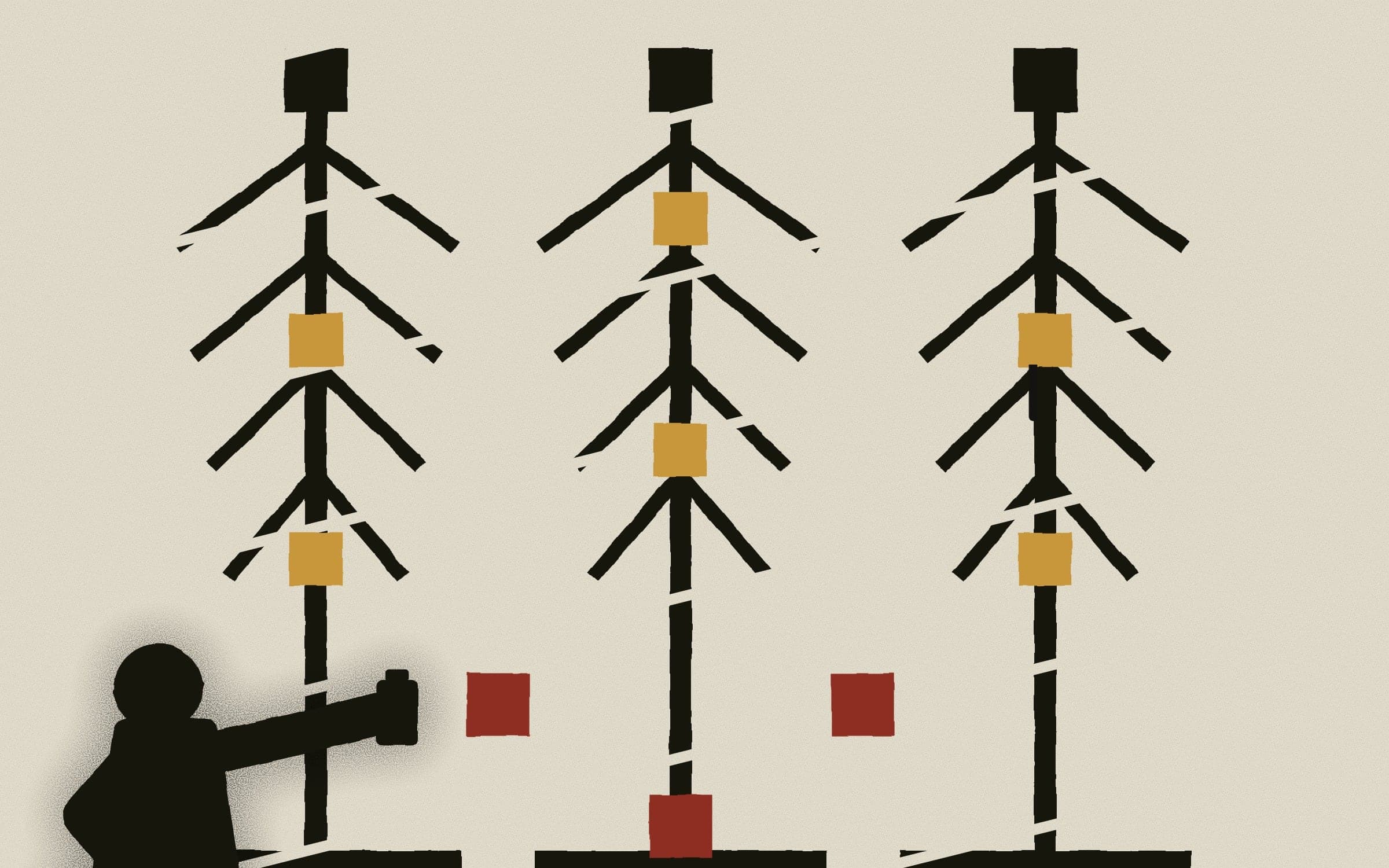 Close crop of the Glass Tree stencil: cut edges, overspray, ochre and red squares