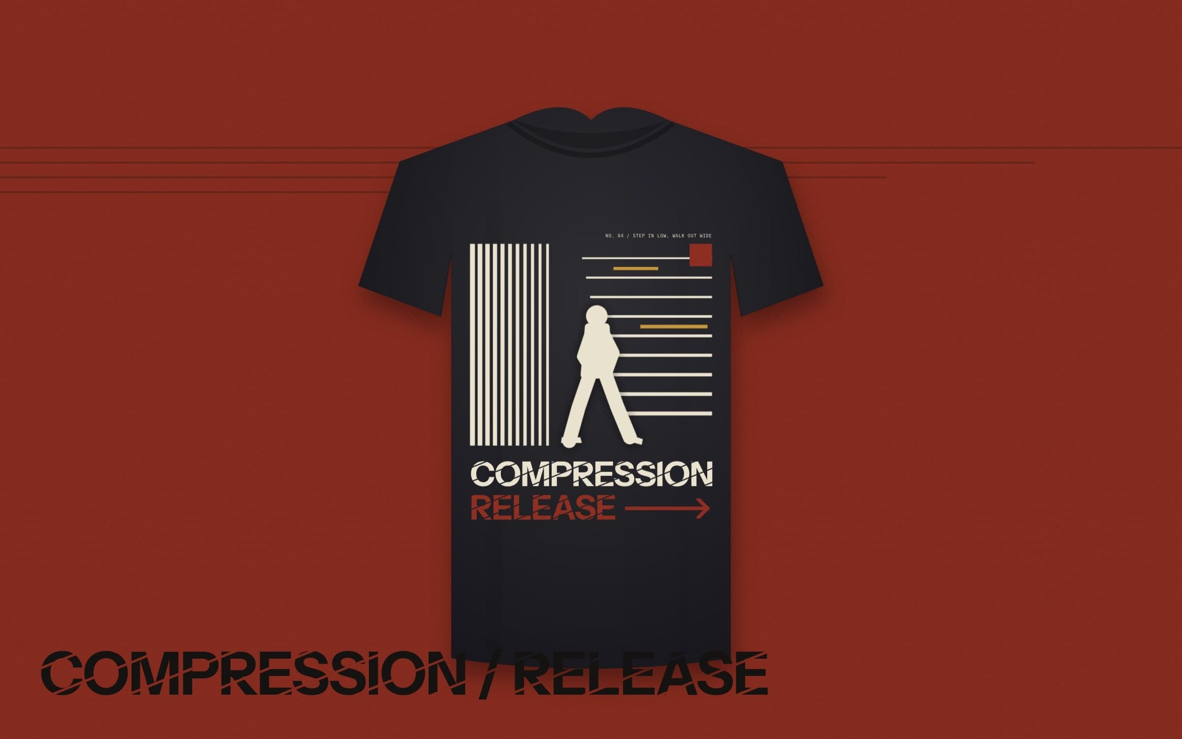 Compression / Release on a black tee against a Cherokee red field
